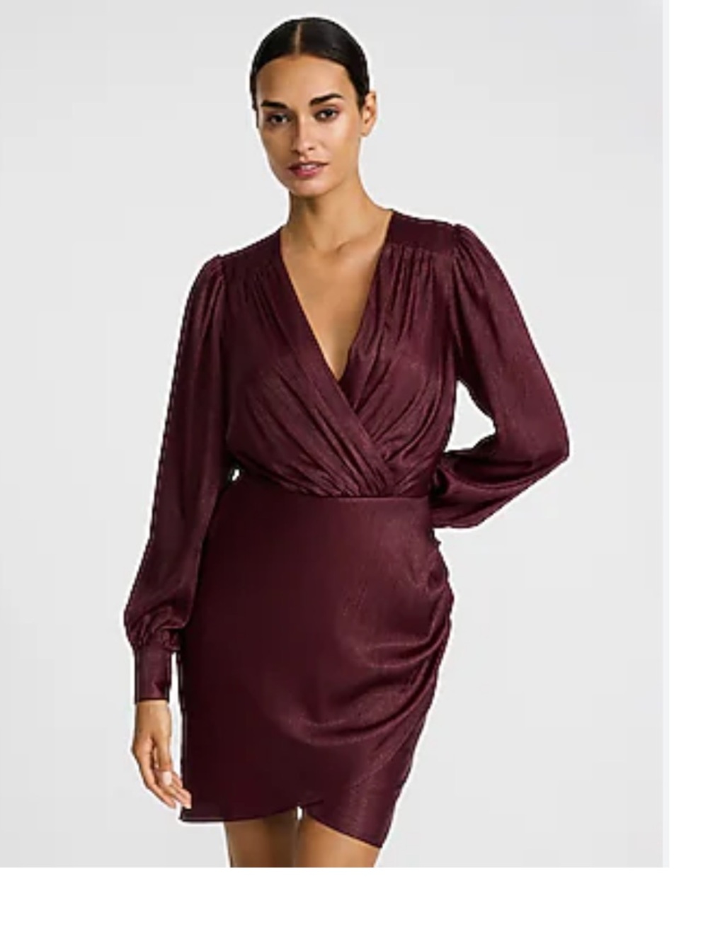 Express Metallic V-Neck Long Sleeve Wrap Mini Dress in a deep burgundy size M